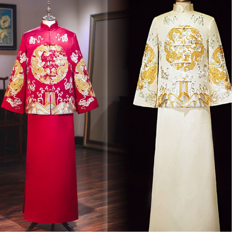 Мужской традиционный китайский свадебный наряд 2025 года, новый стиль, свадебный костюм жениха, ретро-летнее платье с изображением дракона и феникса.