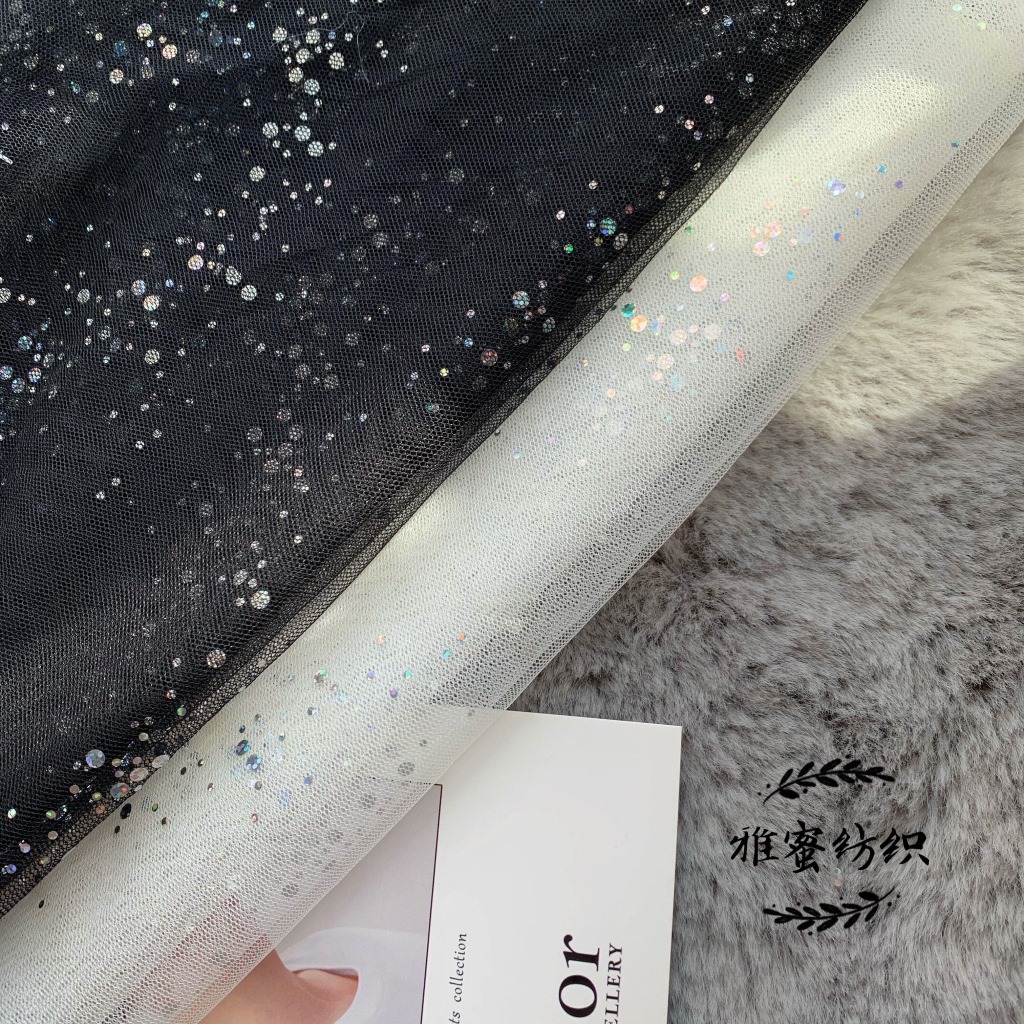 Tela de malla con patrón hexagonal perforado, lentejuelas efecto lluvia de meteoros, tela plateada láser para falda de gasa estilo Lolita Hanfu, revestimiento de pared.
