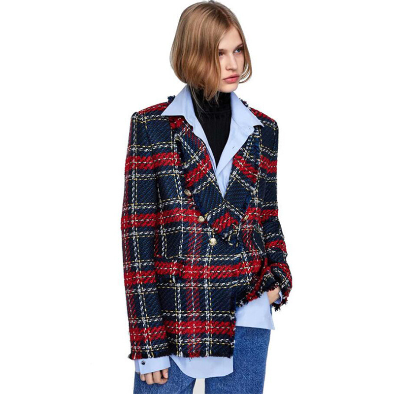 Red Plaid European and American Women's Fashion Twill Plaid Multi-button Suit Jacket Long-term in stock Red Plaid European and American Women's Fashion Twill Plaid Multi-button Suit Jacket Long-term in stock