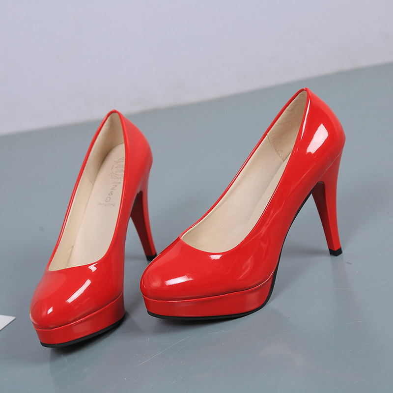 Foreign Trade High-Heeled Fashion Women's Shoes, Waterproof Platform Stiletto Heels, Patent Leather Round-Toe Work Shoes for Women, Wholesale Versatile Thick-Soled Shoes