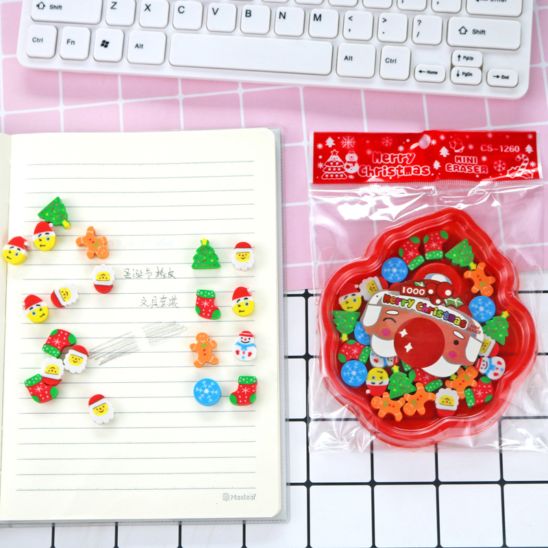 Creativo Navidad pequeño Borrador de partículas de dibujos animados bandeja de color de goma papelería traje de vacaciones pequeño regalo al por mayor
