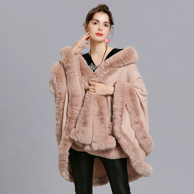 Пальто-пончо кардиган с капюшоном, европейский стиль, plus size, отделка из искусственного меха