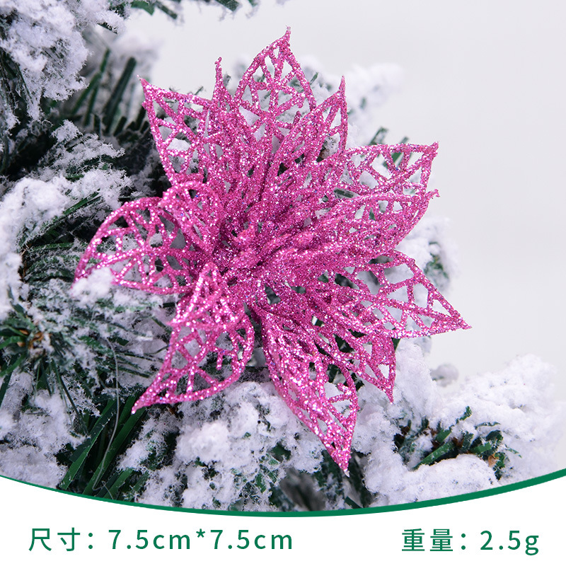 Flores navideñas huecas de polvo dorado, decoración para corona de árbol de Navidad, suministros navideños, adornos colgantes para ambiente navideño, decoraciones de flores artificiales