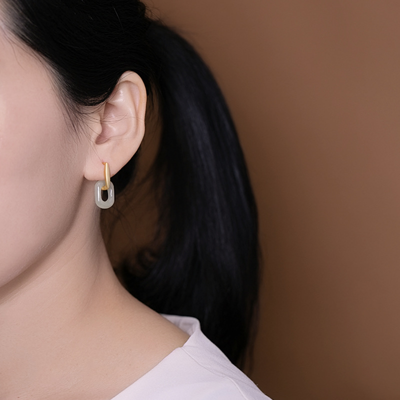 Khuyên tai nữ bạc S925 mạ vàng đính ngọc Hòa Điền phong cách hình học Hàn Quốc — Kiểu mạ bạch kim