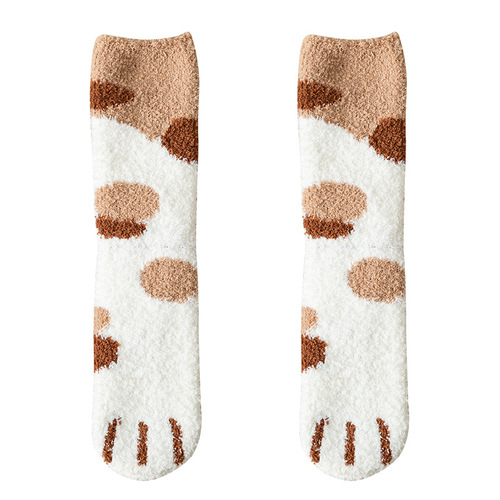 Autumn and winter coral velvet socks for women sleeping mid-calf socks cute cat claw socks thickened warm sweet floor socks wholesale