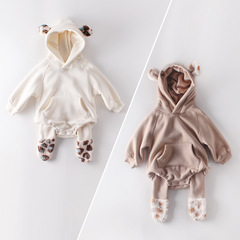 ins winter baby plush ears baby newborn clothes hooded jumpsuit romper plus velvet thickening