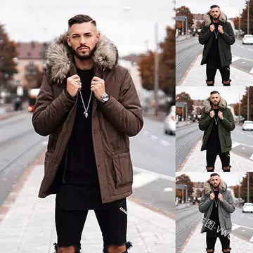 2023 foreign trade autumn and winter new men's cotton-padded coat wish hot sale mid-length fur collar cotton-padded coat coat W120 - ShopShipShake