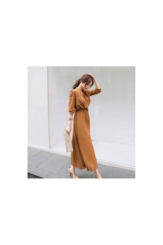 Chiffon long-sleeved pleated dress 2024 spring and autumn new slim-fitting waist slimming ladylike pleated skirt for women