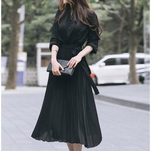 Chiffon long-sleeved pleated dress 2024 spring and autumn new slim-fitting waist slimming ladylike pleated skirt for women
