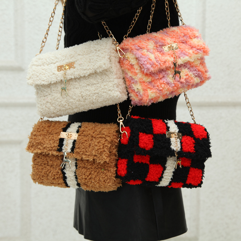 手工编织包包网格板毛线 diy材料珊瑚绒自制单肩毛线斜挎包小香风
