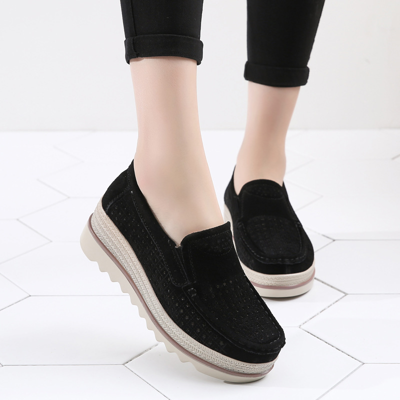 Zapatos de mujer de estilo británico 2019 verano y otoño plataforma de cuña hueca piel de vaca zapatos de mujer talla grande mamá slip-on zapatos de balanceo