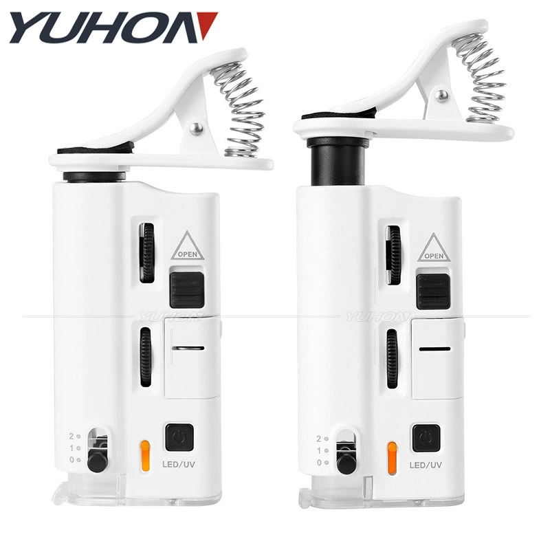 60-100 раз фокусировка универсальный зажим для мобильного телефона Микроскоп холодный и теплый свет светодиодный УФ-детектор денег высокомощное увеличительное стекло