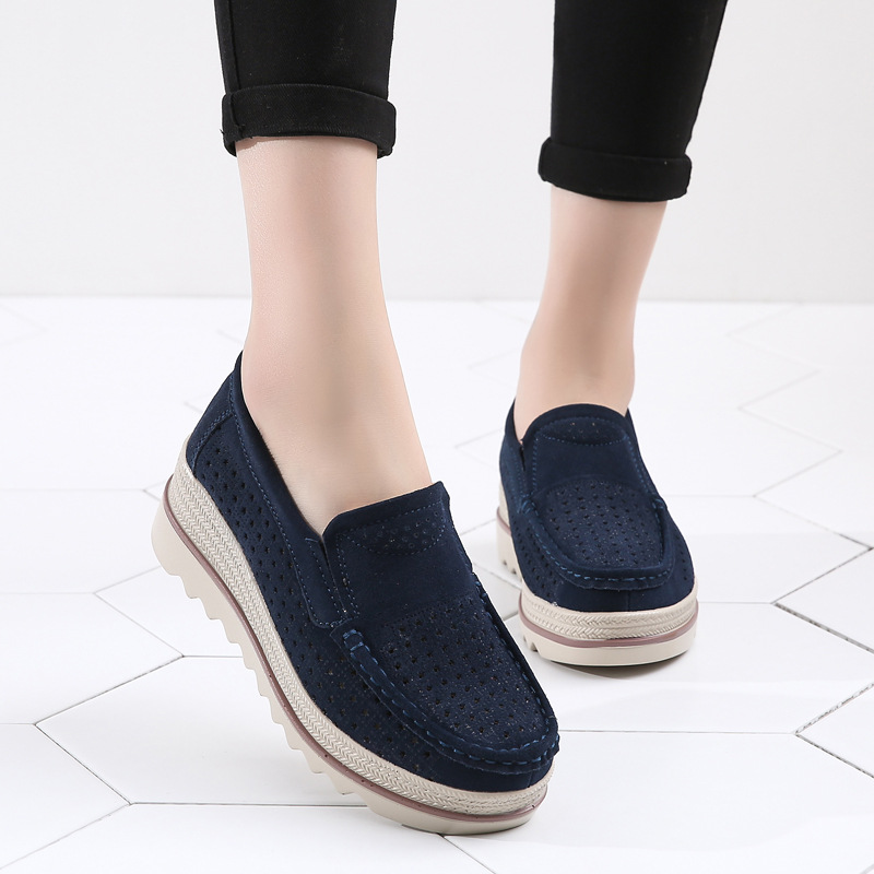 Zapatos de mujer de estilo británico 2019 verano y otoño plataforma de cuña hueca piel de vaca zapatos de mujer talla grande mamá slip-on zapatos de balanceo