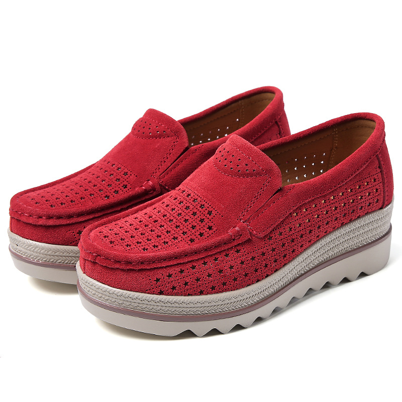 Zapatos de mujer de estilo británico 2019 verano y otoño plataforma de cuña hueca piel de vaca zapatos de mujer talla grande mamá slip-on zapatos de balanceo