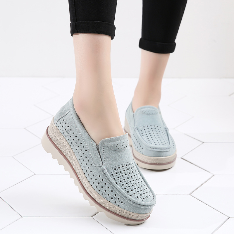Zapatos de mujer de estilo británico 2019 verano y otoño plataforma de cuña hueca piel de vaca zapatos de mujer talla grande mamá slip-on zapatos de balanceo