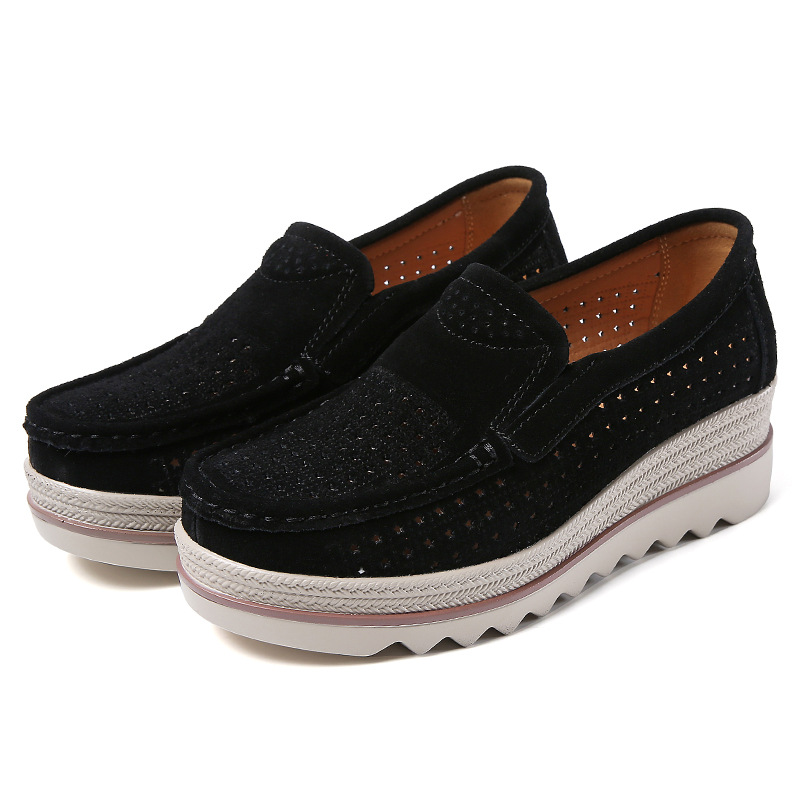 Zapatos de mujer de estilo británico 2019 verano y otoño plataforma de cuña hueca piel de vaca zapatos de mujer talla grande mamá slip-on zapatos de balanceo