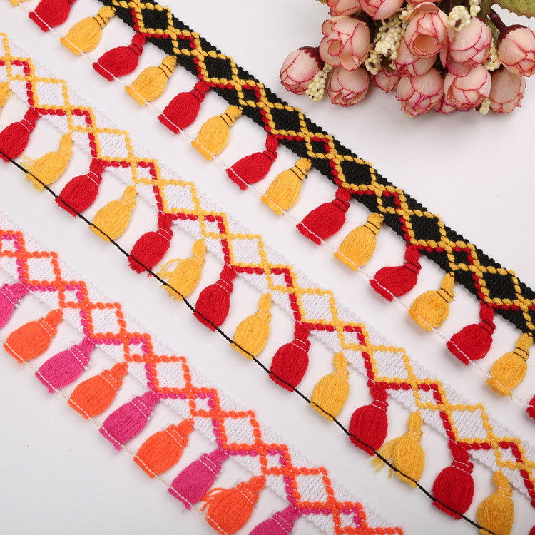 厂家直销4.5CM方块毛线扫把彩色流苏穗子花边