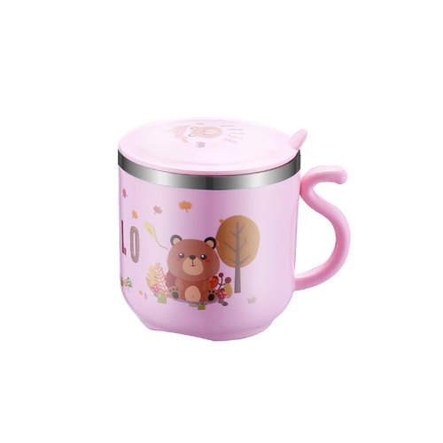304 stainless steel children's water cup cartoon creative double-layer heat-insulated anti-scalding lid with handle kindergarten cup