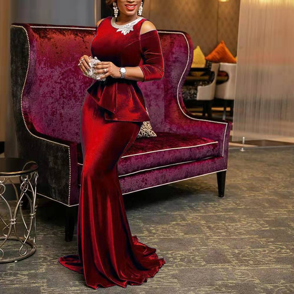 Vestido de Noche Irregular de Terciopelo Estilo Europeo y Americano, Nuevo para Invierno 2025, Estilo Amazon y eBay, Ajustado, con Hombros Descubiertos, para Mujer