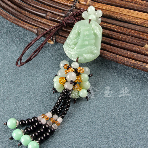 Green jade car pendant, safe and smooth sailing in and out, Pixiu Guanyin safe buckle car pendant, imitation jade car pendant