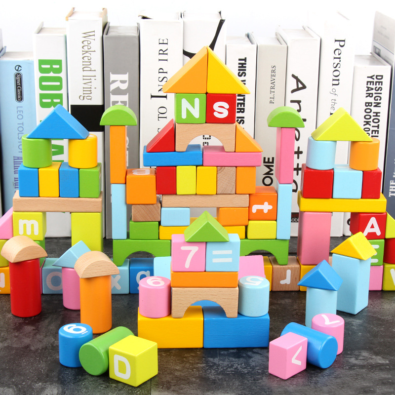 100 cubos de madera de haya, números, letras, bloques de construcción para bebés, juguetes de madera educativos para niños de 1 a 3 años