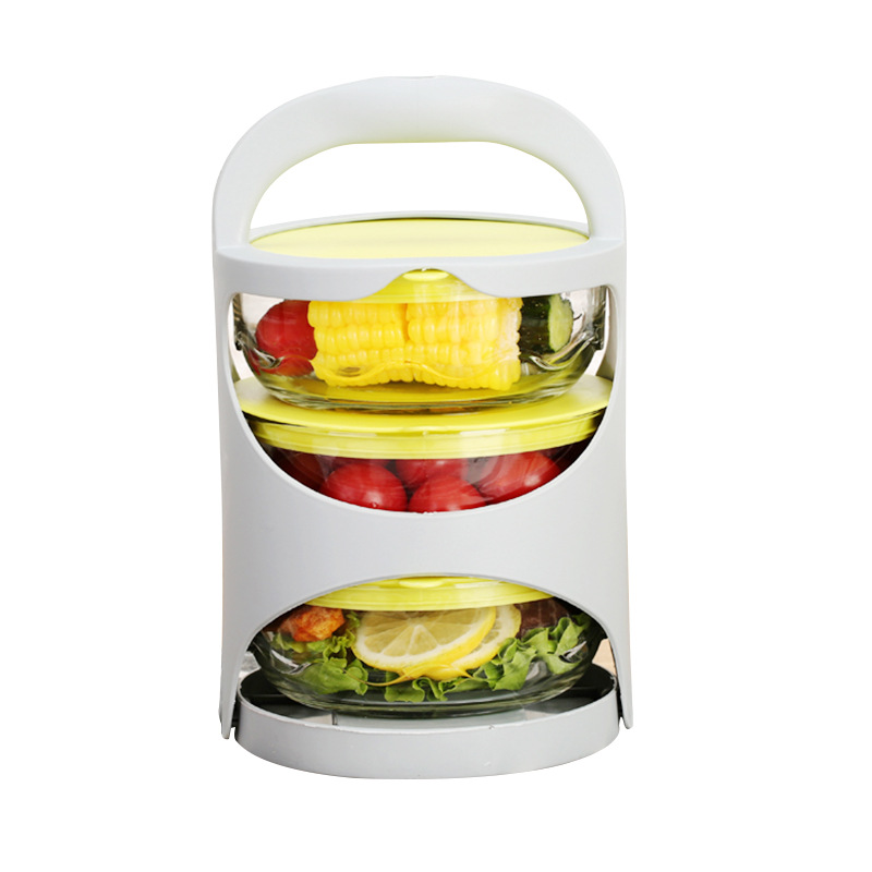 Juego de tres piezas de tazón de vidrio para el hogar con tapa de vegetales y frutas redondo sellado tazón de vidrio caja de almuerzo apertura actividad tazón de regalo