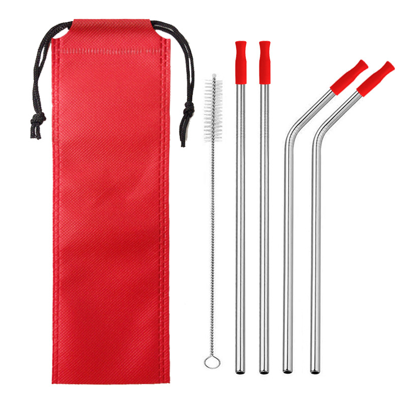 Cross-border direct selling 304 stainless steel straws colorful metal cocktail milk tea straws silicone set