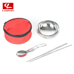 Outdoor Camping Portable Bowl Set Stainless Steel Tableware Set Folding Spoons and Chopsticks Dual-layer Insulated Bowl Single Person Set Tableware Bag