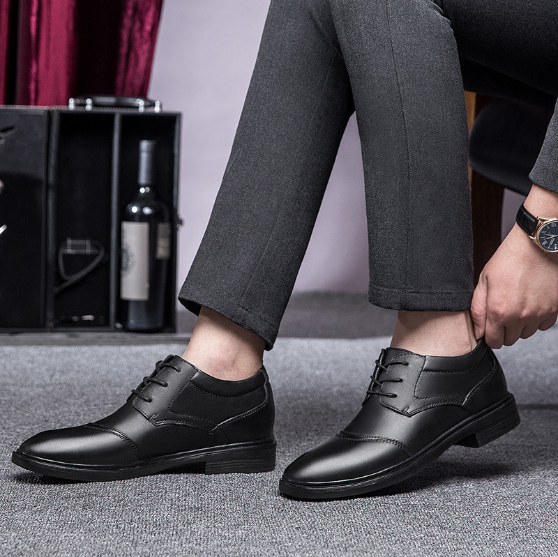 Men's Shoes Inner Height Increase Dress Lace-up Workplace Tooling Leather Shoes Round Head Shallow Mouth Shoes_voghion.com