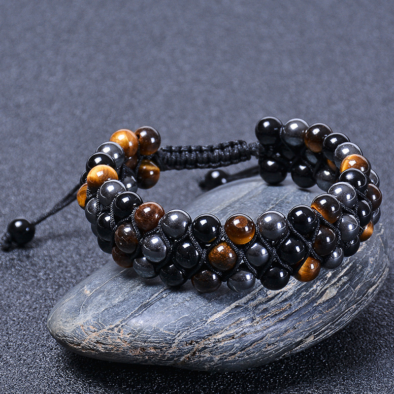 Cross-border Hot Sale Natural Tiger Eye Black Onyx Bracelet Hand-woven Black Magnet Three-layer/Three-row Bracelet Jewelry