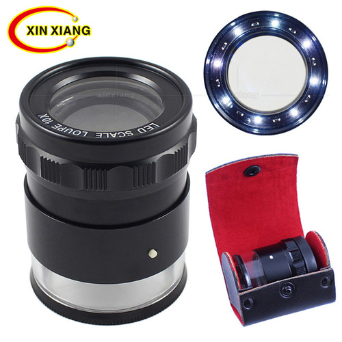 10x cylindrical 8LED lights 3 sets of optical glass with scale for measuring textile drawings magnifying glass leather case gift box