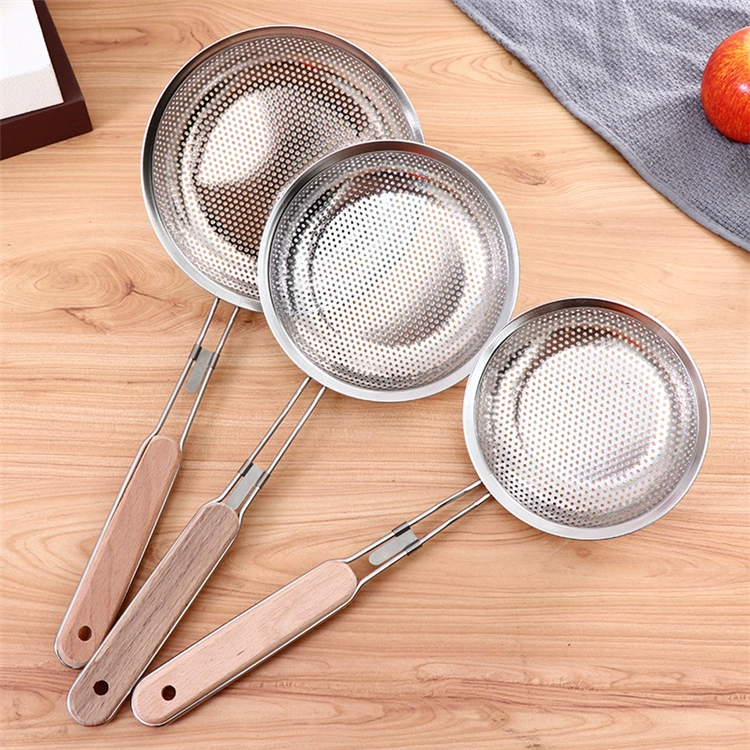Stainless steel filter spoon multi -function wooden handle oil grid fried large -gum -gum -gum kitchen tool manufacturer approves network leakage