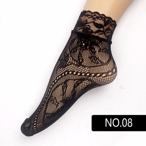 Summer fine mesh lace short socks, breathable short silk stockings, invisible large size black pearl short socks