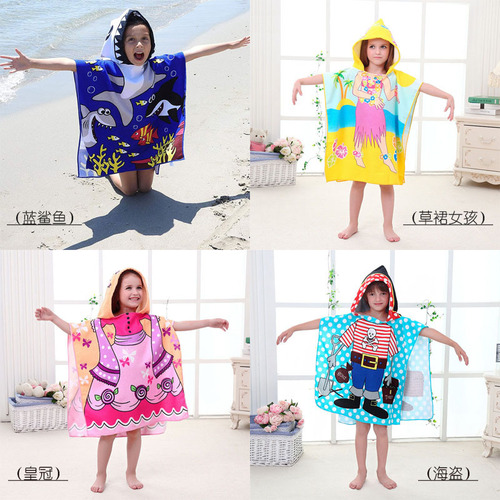 Microfiber Cartoon Print Children's Bath Towel Cape for Kids, Wearable Children's Robe with Hooded Scarf Beach Towel