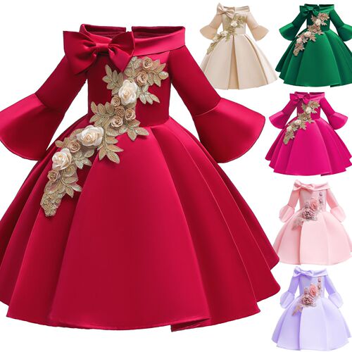 New children's dress, foreign trade satin children's dress, off-shoulder, short-sleeve dress for girls, children's formal dress, embroidered princess dress for children