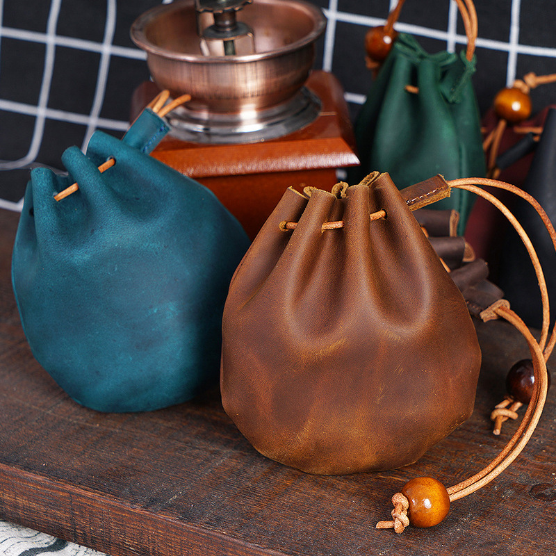 First-Layer Cowhide Drawstring Coin Purse, Retro Genuine Leather Coin Bag, Storage Bag, Drawstring Pocket Bag, Casual Hand-Held Small Purse