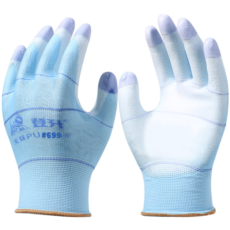 Guantes de protección laboral 699 sin silicona PU recubierto de dedo de palma de nylon para mejorar el trabajo elástico antiestático