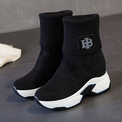 Thick-soled socks shoes for winter women's velvet knitted mid-calf versatile elastic casual boots inner heightening short boots snow boots