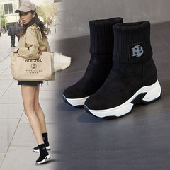 Thick-soled socks shoes for winter women's velvet knitted mid-calf versatile elastic casual boots inner heightening short boots snow boots