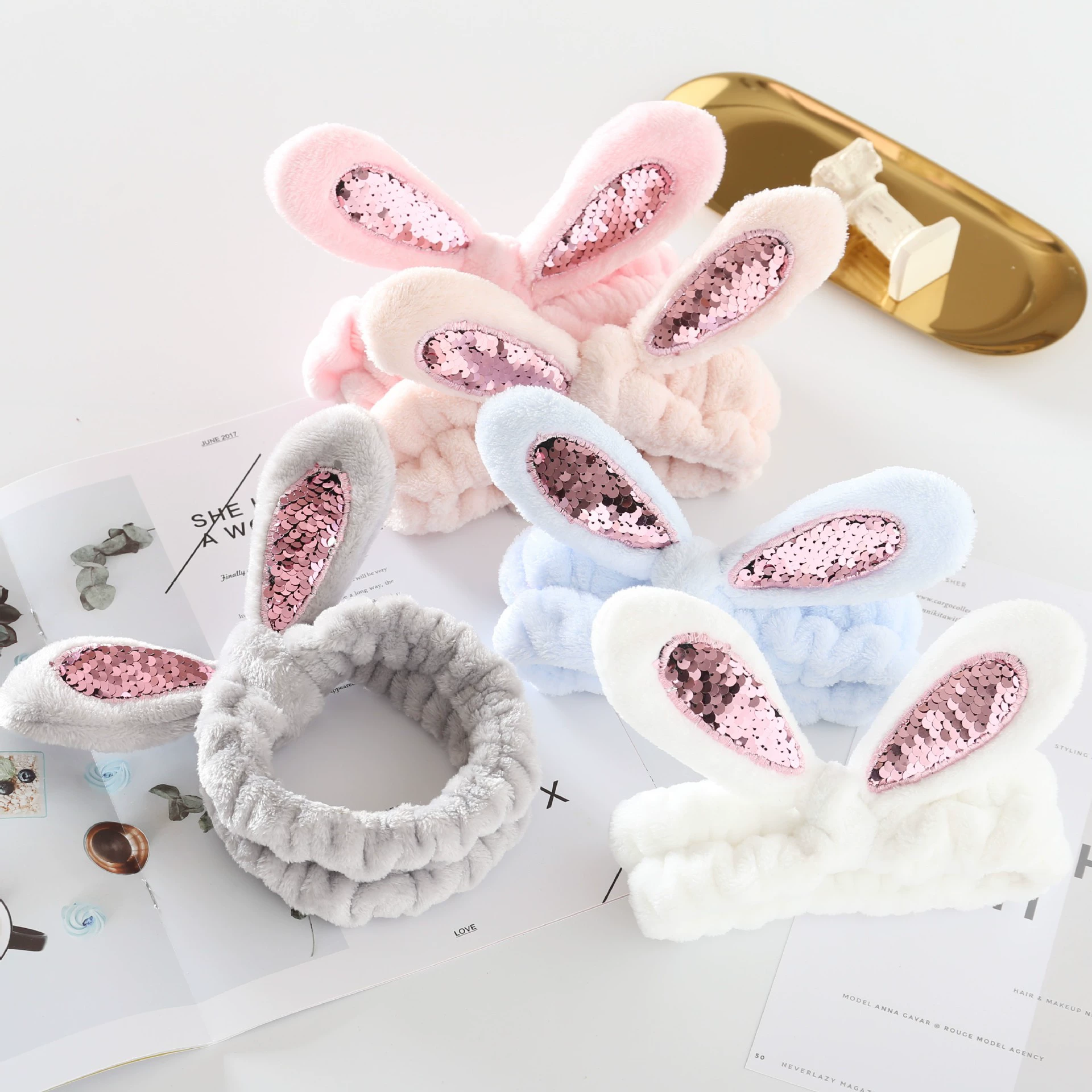 Южная Корея Простая Сладкая маска для лица Плюшевая повязка для мытья лица Нашивка с пайетками Ободок для волос с кроликом Милый макияж Повязка для волос