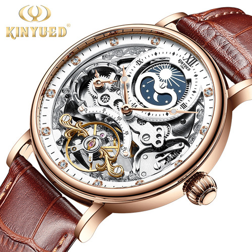 KINYUED fully automatic mechanical watch fashionable men's watch hollow mechanical watch dual time zone multifunctional men's watch