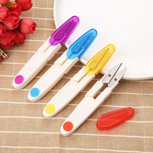 Small cross-stitch scissors, transparent covered thread scissors, safety sewing scissors, household U-shaped plastic spring yarn scissors wholesale