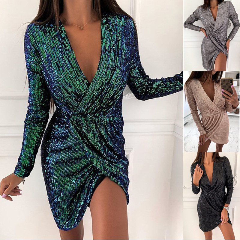 2024 Aliexpress Wish Amazon Ebay Women's Sequin Dress Long-Sleeved V Neck Mini Skirt Dress