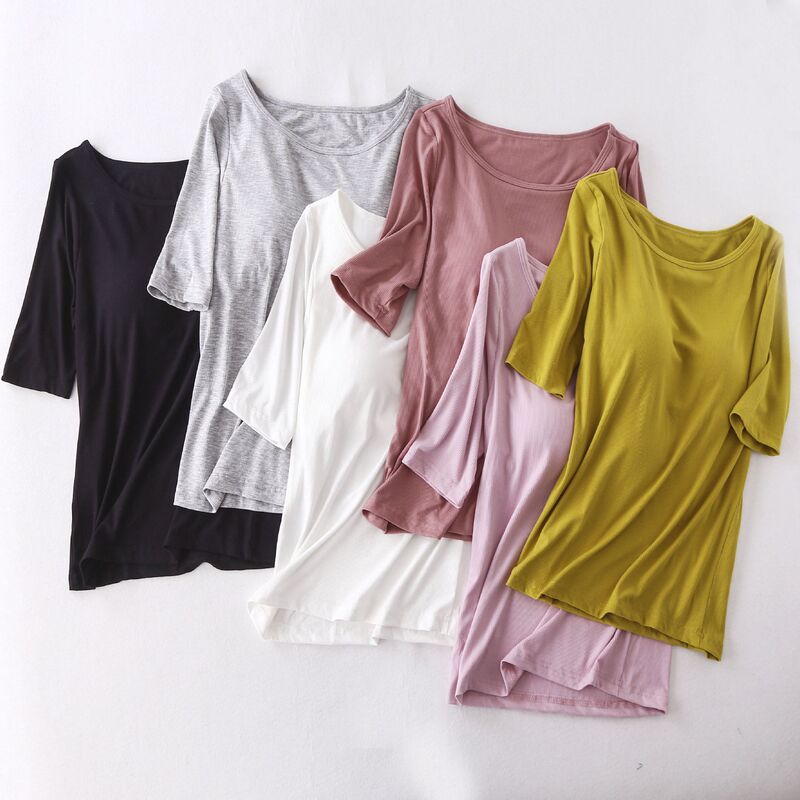 Rib with Chest Pad Half-sleeve T-shirt Women's Vest Bra-free Half-sleeve Cup One-piece Yoga Pajamas Top Base