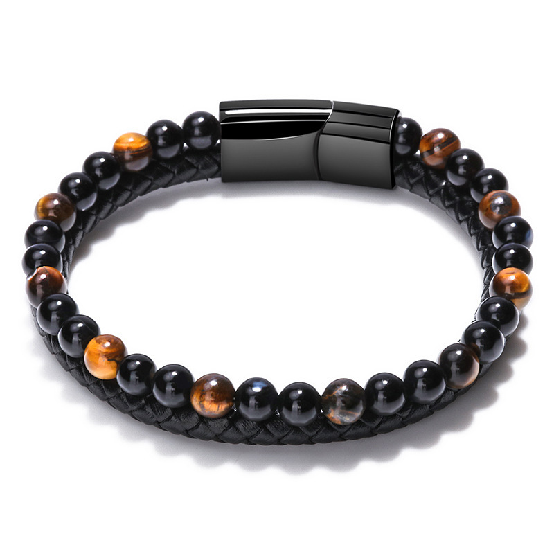 Cross-Border Simple Natural Volcanic Stone Bracelet for Men with Magnetic Clasp Woven Tiger Eye Stone Beaded Leather Rope Bracelet Jewelry