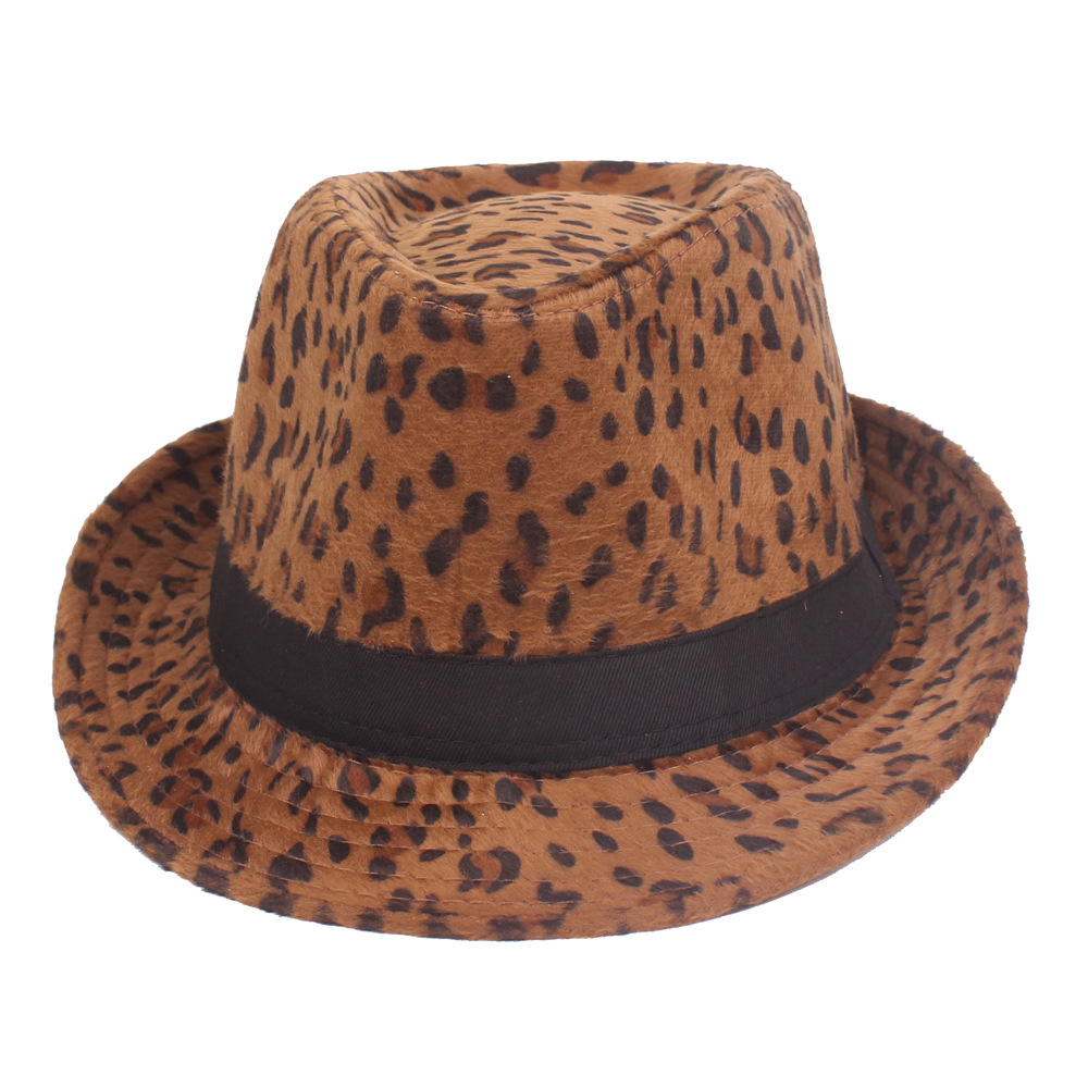 Sombrero de leopardo con estampado de leopardo para hombres y mujeres Sombrero de jazz Sombrero de comercio exterior europeo y americano Sombrero de otoño e invierno con estampado de leopardo pequeño sombrero de alto rendimiento en el escenario