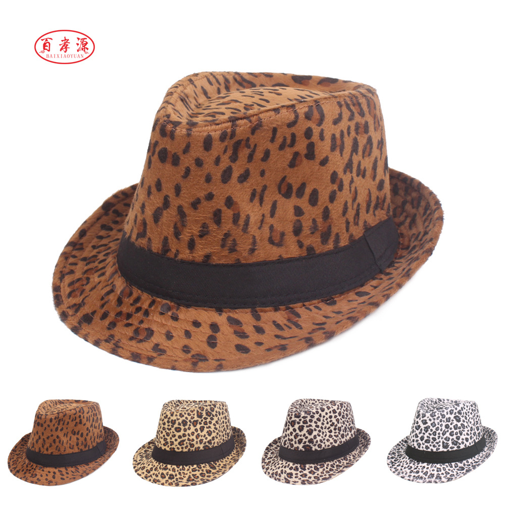 Sombrero de leopardo con estampado de leopardo para hombres y mujeres Sombrero de jazz Sombrero de comercio exterior europeo y americano Sombrero de otoño e invierno con estampado de leopardo pequeño sombrero de alto rendimiento en el escenario