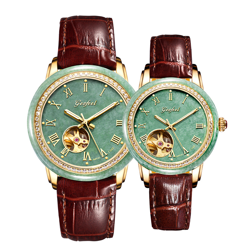 In-Stock Wholesale Tiktok Trending Jade Couple Watches with Leather Straps, Men's Watches, Women's Mechanical Watches