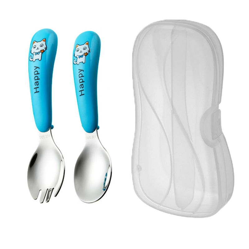 흰 고양이-블루 포크 스푼-투명 상자