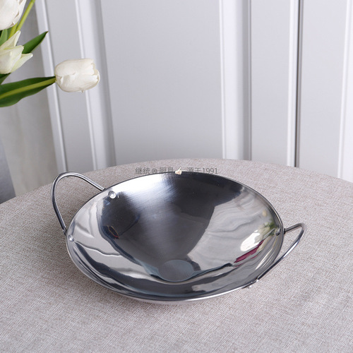 Stainless steel thickened non-magnetic flat-bottomed alcohol pan with double handles, dry pot, sand pot, restaurant pot, water boiling pot, home cooking soup pot